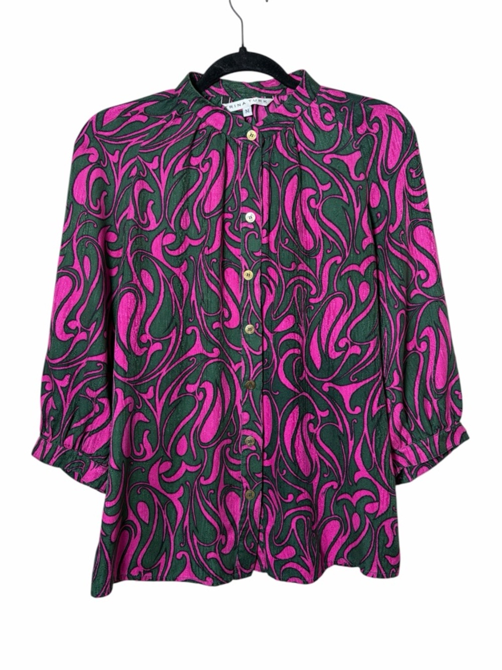 Trina Turk 100% Silk Jacquard Print Button Down Blouse Size Medium